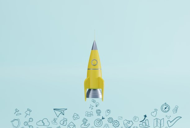 火箭起飞，商业图标化为烟雾。图片下载