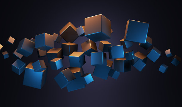 三维渲染分散的黑色立方体悬浮在黑色背景图片下载