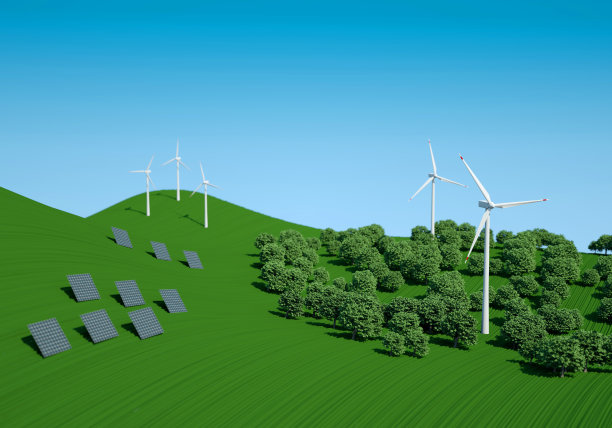 绿色景观与风力涡轮机和太阳能电池板图片下载