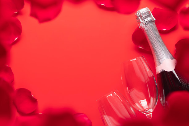 有香槟和玫瑰花瓣的情人节卡片图片下载