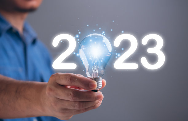 商业战略概念，成功，2023年目标，想法，目标，行动计划，增长，市场，发展，投资，创新技术。商人手握2023灯泡闪闪发光的效果图片下载