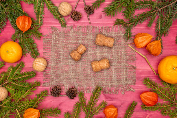 圣诞装饰品，圣诞树树枝和玩具。圣诞卡片的布局。图片下载