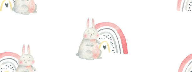可爱的无缝图案与兔子和彩虹，可爱的水彩插图孤立在白色背景图片下载
