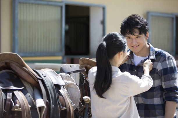 年轻的东亚男人和女人梳理和坠入爱河面对面在阳光下的马场-股票照片图片下载