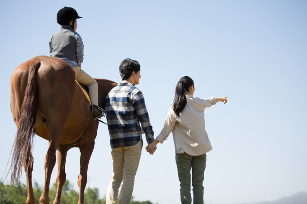 年轻的家庭在农场练习马术和骑马，父母牵着手，牵着马眺望远方-资料照片图片下载