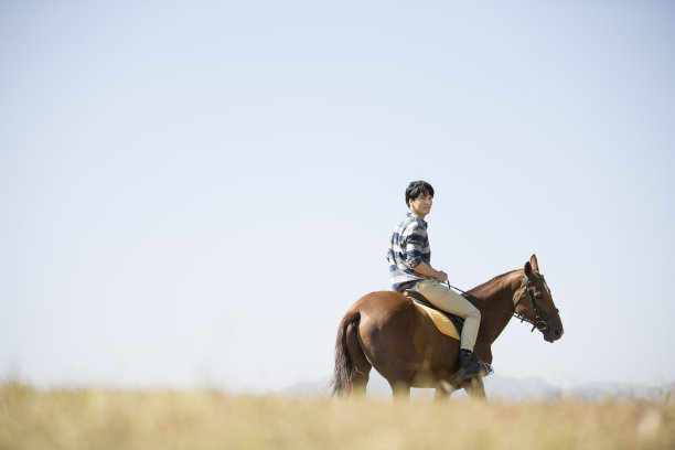 在秋高气爽的天空下，年轻的东亚男子在草地上骑马疾驰-图片图片下载