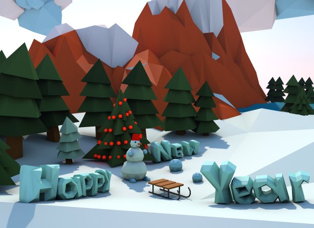 新年构图采用低聚造型风格。自然景观与山林景观的展示，自然景观上的雪人与圣诞树。图片下载