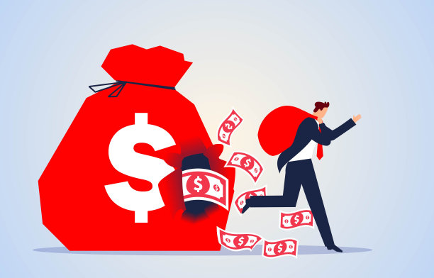 逃税，金融犯罪，银行或储蓄安全，商人从一个破损的大钱袋里偷钱图片下载