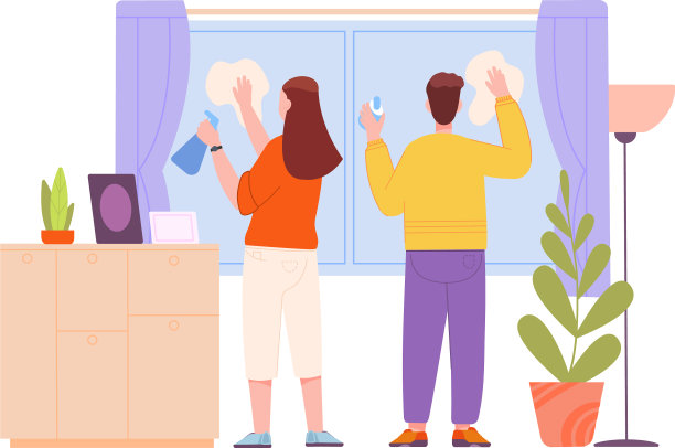 男人和女人一起用喷雾擦窗户图片下载