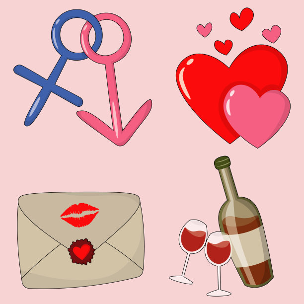 情人节图片与统一的性别符号，一对心，爱信封，瓶子和两个玻璃杯与酒图片下载