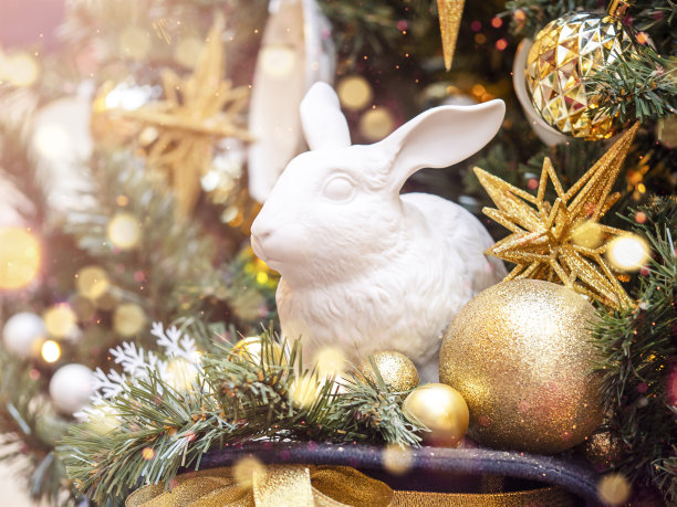 树下的陶瓷兔子和气球雕像。象征着即将到来的2023年。图片下载