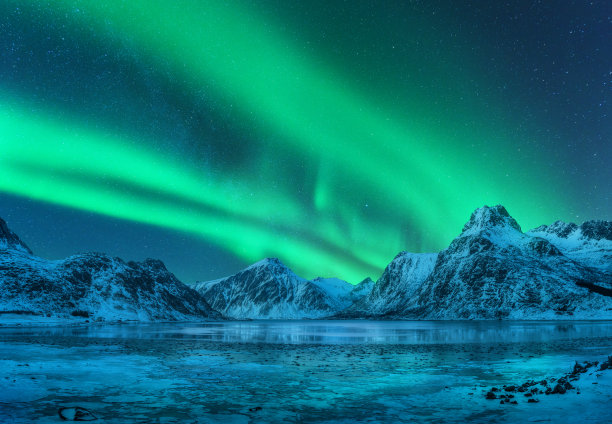 雪山上的北极光，冰冻的海岸，夜晚水中的倒影。罗弗敦群岛，挪威。北极光。冬季景观与极地灯光，冰在水中。星空下的极光图片下载