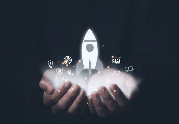 双手展示火箭和创业图标，新的商业概念。图片下载