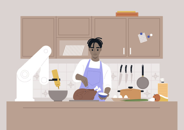 一个年轻的非洲男性角色在厨房里用机械手做饭，现代生活方式图片下载