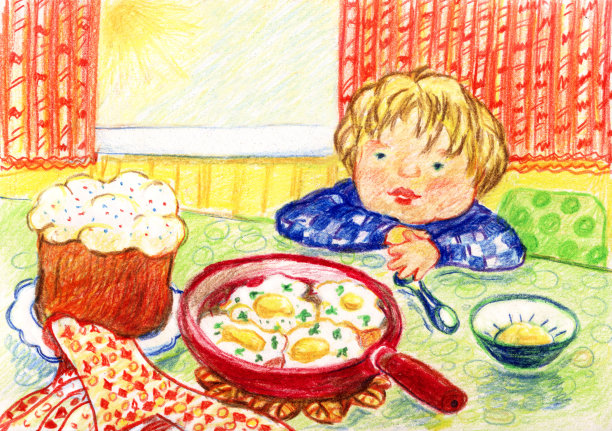 可爱的宝宝坐在煎锅旁边煎鸡蛋图片下载