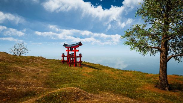 日本传统门鸟居，神道教的象征。自然景观3D渲染图片下载