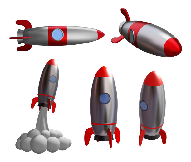一套火箭3d插图孤立的白色背景图片下载