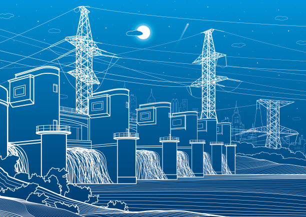 水力发电厂。河大坝。可再生能源。高压传输系统。电杆。电线。城市基础设施产业说明。矢量设计艺术图片下载