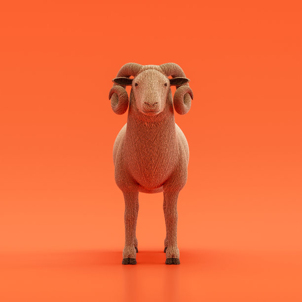 公羊羊娃娃，布制毛绒玩具，单动物正面视图，手工动物，3d渲染图片下载