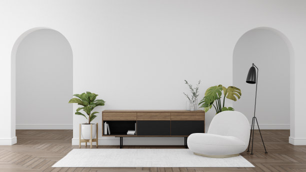 空白色拱形墙，木地板上有沙发和餐具柜。图片下载