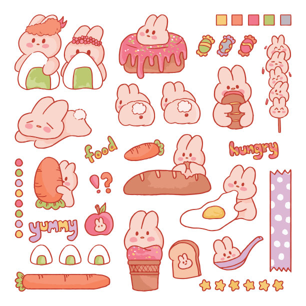 可爱的兔子兔子和甜点手绘插画集透明期刊贴纸1图片下载