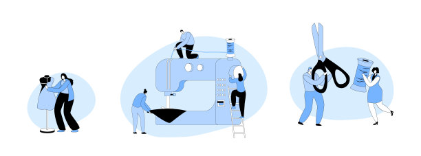 设定裁缝人物缝纫衣服，工作室时装设计理念。制作服装的小裁缝角色图片下载