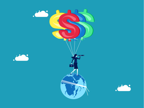 世界经济与金融。世界上到处都是美元标志的气球。寻找投资的女商人图片下载