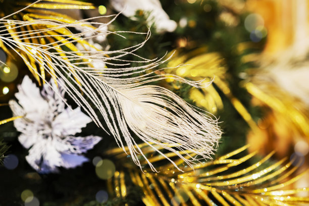 圣诞装饰，羽毛，球，模糊的花环和雪花，抽象的背景图片下载