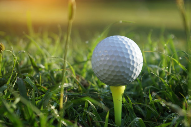 高尔夫球在球座上准备开始比赛。高尔夫球在绿色草坪上在美丽的高尔夫球场与早晨的阳光图片下载