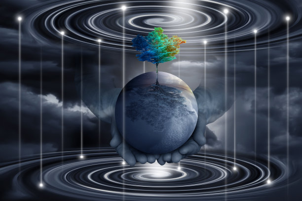 在宇宙的背景下，一个人手里拿着一棵彩色树的地球仪。世界生态问题图片下载