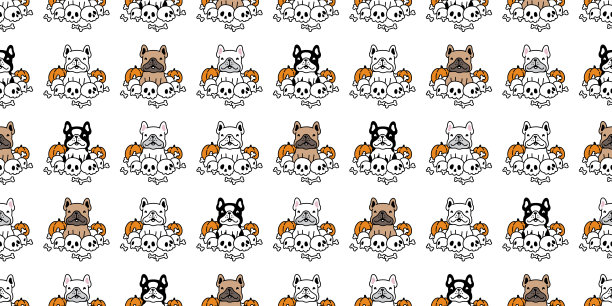 狗无缝模式法国斗牛犬头骨骨头万圣节南瓜矢量卡通幽灵小狗宠物瓷砖背景礼物包装纸围巾隔离重复墙纸涂鸦人物插图设计图片下载