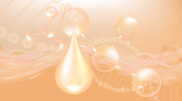 透明质酸头发和皮肤解决方案广告，黄金胶原蛋白精华滴与化妆品广告背景准备使用，插图矢量。图片下载