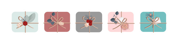 圣诞礼物套装。DIY带标签的礼物盒，绳结和树枝，圣诞花环，信封，卡片。彩色平面矢量插图孤立在白色背景上。前视图。图片下载