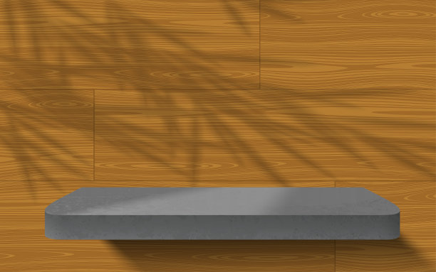 抽象的房间轻木墙与现实的混凝土讲台或产品货架。矢量木板背景模型展示。最小的舞台展示场景。逼真的树叶阴影图片下载