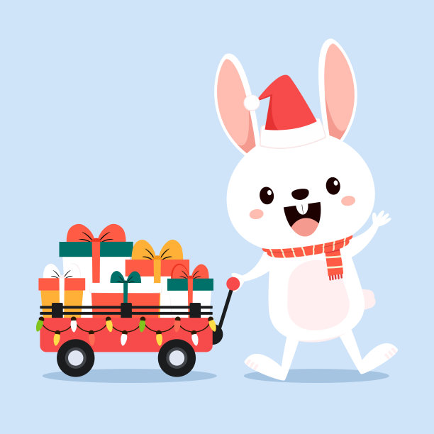圣诞节的兔子。圣诞购物车与礼品盒。矢量插图。图片下载
