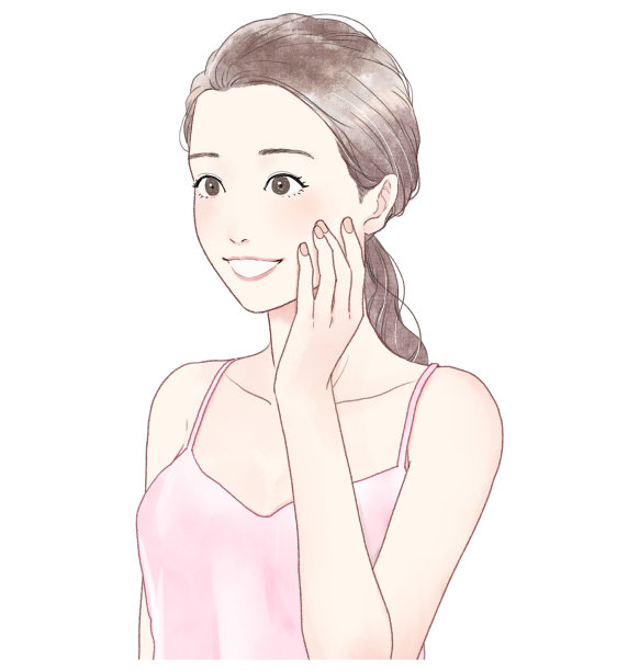 一个女人触摸她的脸颊和微笑的插图。图片下载