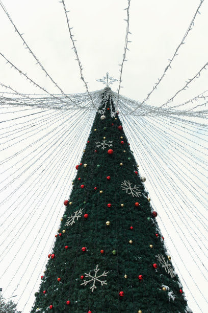 室外有一棵绿色的装饰圣诞树，上面装饰着玩具和花环。在最顶端有一个装饰性的大雪花，上面挂着手电筒图片下载