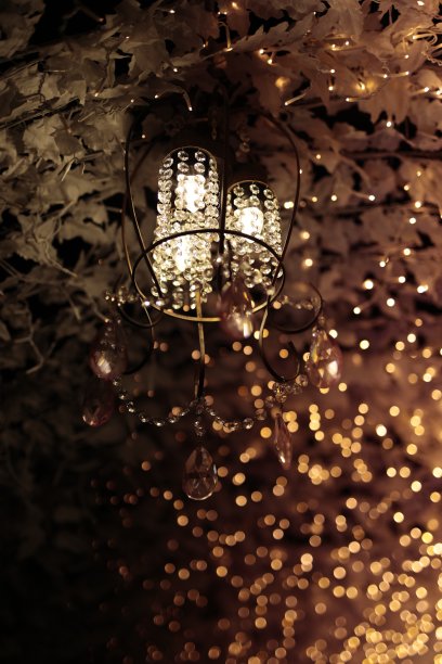 漂浮在光球和球散景中的古董电灯图片下载