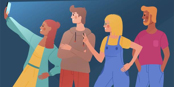 人们在晚上用闪光灯自拍，以不同的姿势站在侧面，不同的种族。矢量插图在一个黑暗的背景。图片下载