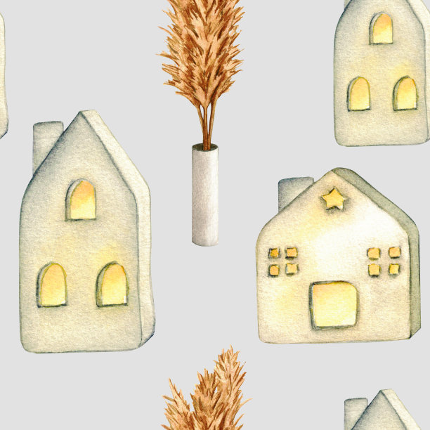 模式。陶瓷房子灯笼，花瓶干花。客厅内部水彩插图。剪纸艺术。白色背景上的家居装饰元素。图片下载