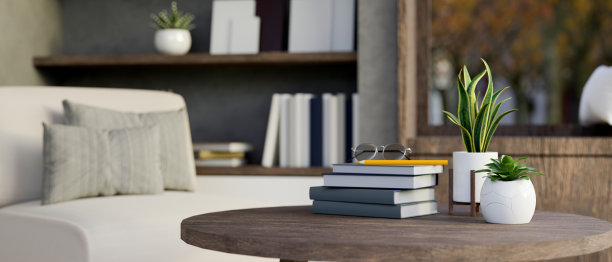 特写图像，乡村木咖啡桌装饰在美丽和舒适的客厅图片下载