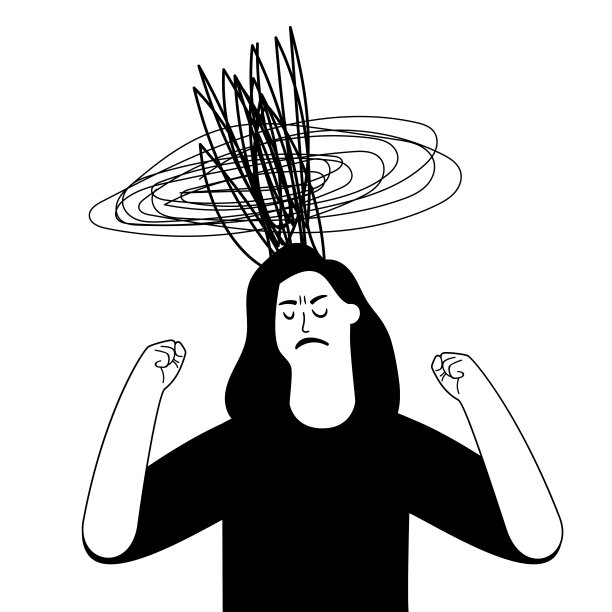 生气不安的女人把双手攥成拳头。焦虑，抑郁，沮丧，人格障碍的概念。显示心理健康问题的单色矢量插图图片下载