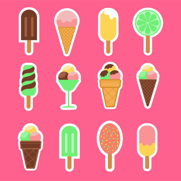 冰淇淋水果冰贴纸包图标，平面设计的插图集贴纸图标在粉红色的背景图片下载