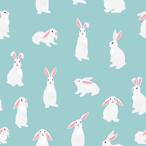 有趣的兔子宠物无缝模式。中国新年的标志。白色毛茸茸的野兔孤立在蓝色背景。卡通可爱的复活节兔子的孩子图片下载