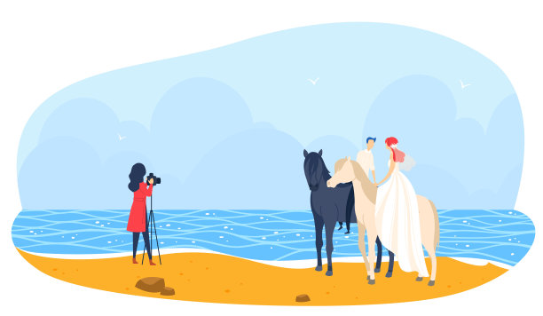 海滩婚礼，马在一起的人摄影师，情侣爱情关系，设计，以卡通风格矢量插画。图片下载