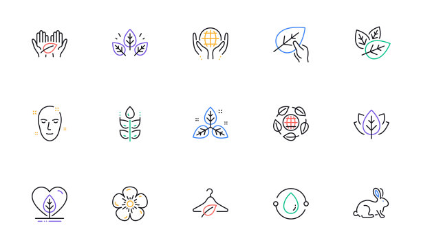 有机化妆品系列图标。慢时尚，合成香料，公平交易。线性集。向量图片下载