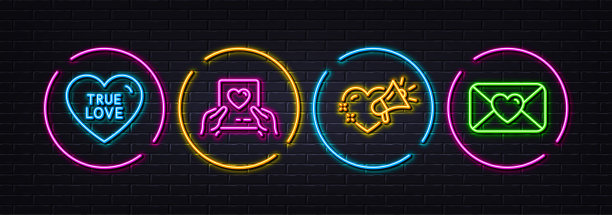 真爱，爱的信息和情人节最小线图标。对于web应用，打印。霓虹灯激光3d灯。向量图片下载