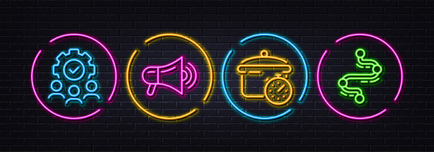 煮锅，团队合作和扩音器最小线图标。对于web应用，打印。霓虹灯激光3d灯。向量图片下载