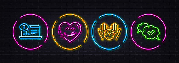 美味的微笑，安全的时间和在线帮助最小化线图标。对于web应用，打印。霓虹灯激光3d灯。向量图片下载