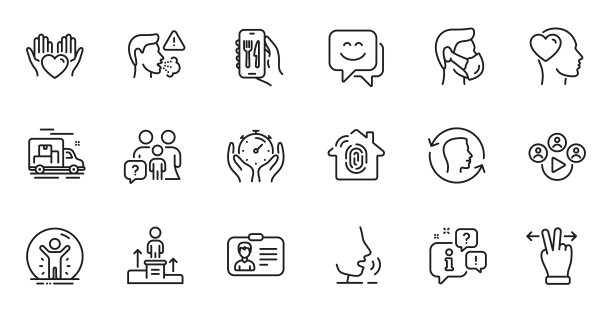 概述一套触摸屏手势，咳嗽和餐厅应用程序线图标的web应用程序。为设计。向量图片下载